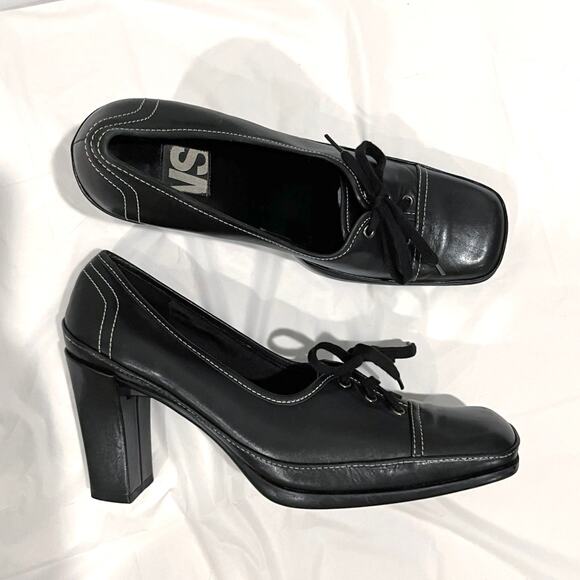 Vintage 90s Lace Up Oxford Size 8.5 Black Leather Square Toe Heels VS Macbeth - Picture 12 of 15